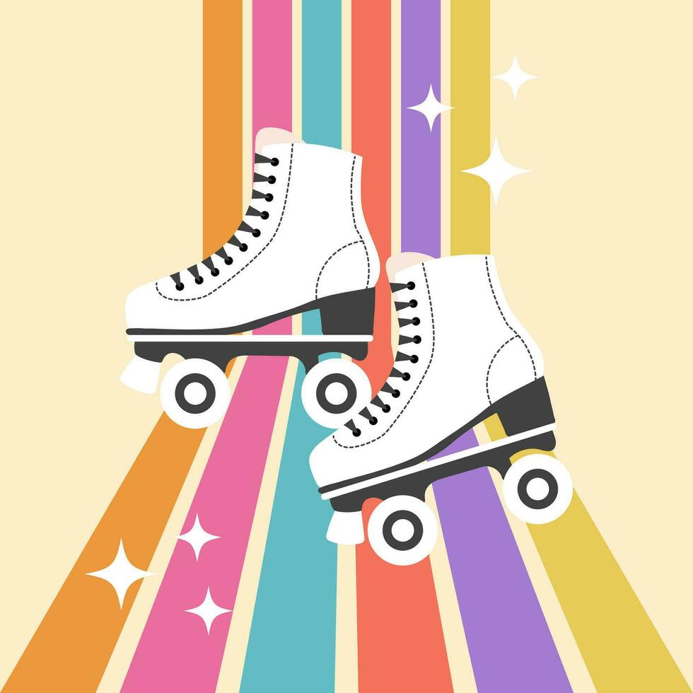 Vintage roller skates on a rainbow background. Retro icon, illustration in flat cartoon style. Vector