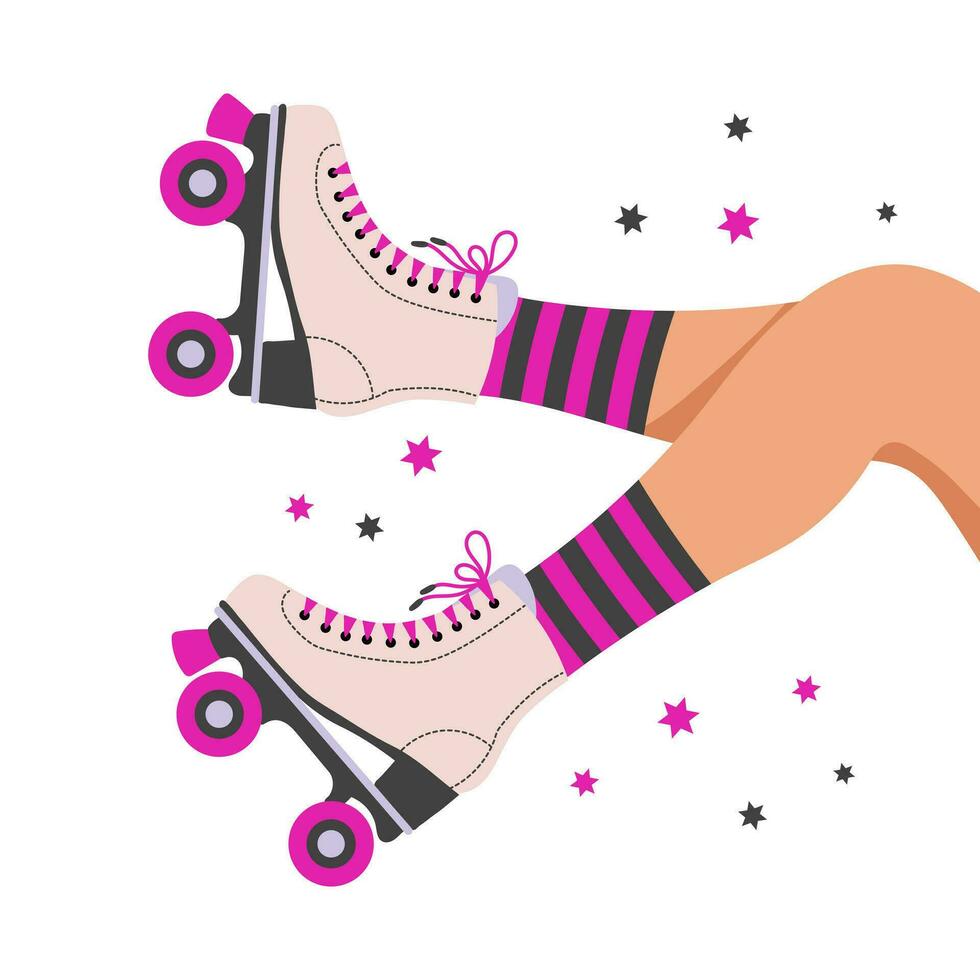 Legs of a girl in retro roller skates and socks. Woman on roller skates. Retro illustration in flat style. Vector