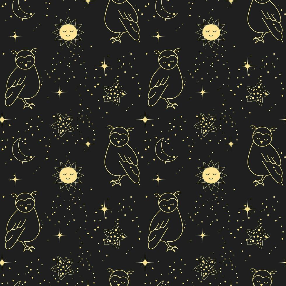 Seamless pattern, moon, owls, stars and constellations on a background of the night sky. Space background, textile, vector