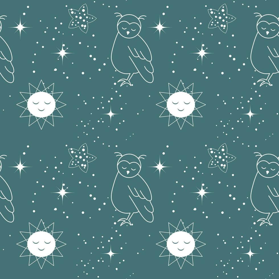 Seamless pattern, moon, owls, stars and constellations on a background of the night sky. Space background, textile, vector