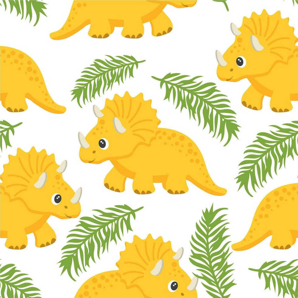 sin costura patrón, linda gracioso dinosaurios y tropical hojas en un blanco antecedentes. niños imprimir, textil, fondo de pantalla, vector