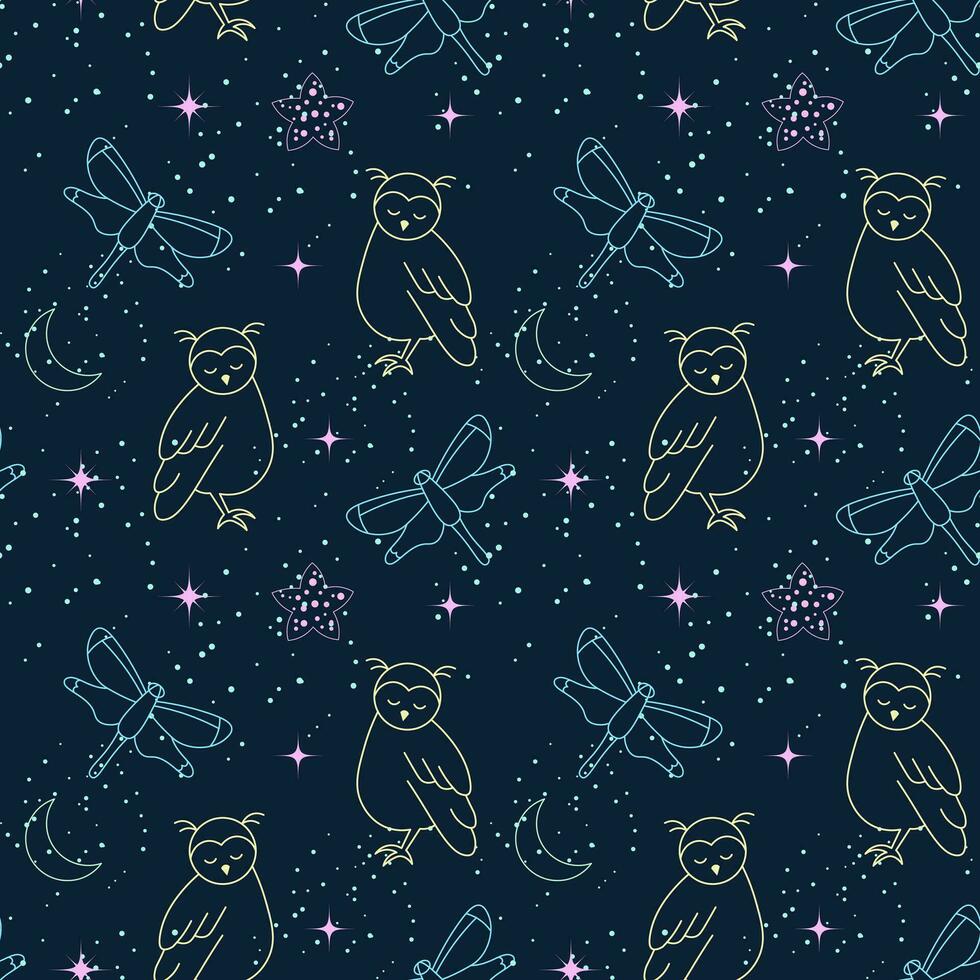 Seamless pattern, moon, owls, stars and constellations on a background of the night sky. Space background, textile, vector