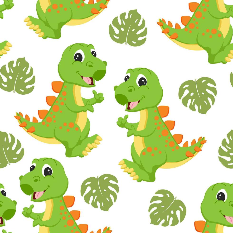 sin costura patrón, linda gracioso dinosaurios y tropical hojas en un blanco antecedentes. niños imprimir, textil, fondo de pantalla, vector