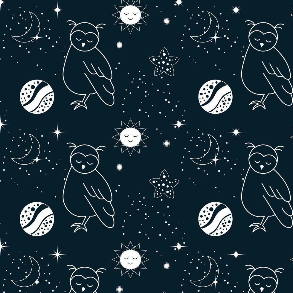 Seamless pattern, moon, owls, stars and constellations on a background of the night sky. Space background, textile, vector