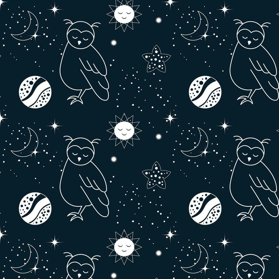 sin costura patrón, luna, búhos, estrellas y constelaciones en un antecedentes de el noche cielo. espacio fondo, textil, vector