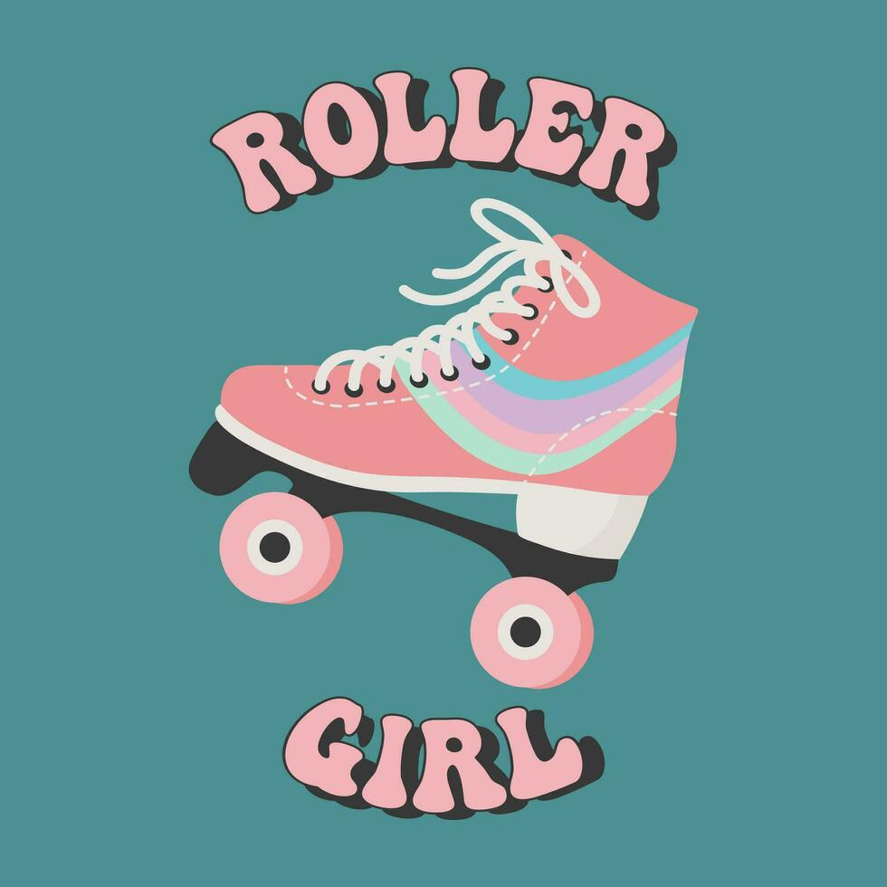 Pink roller skate with rainbow and lettering Roller girl. Retro icon, illustration in flat cartoon style. Vector