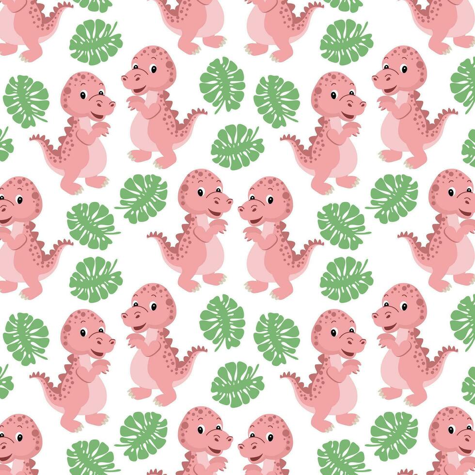 sin costura patrón, linda gracioso dinosaurios y tropical hojas en un blanco antecedentes. niños imprimir, textil, fondo de pantalla, vector