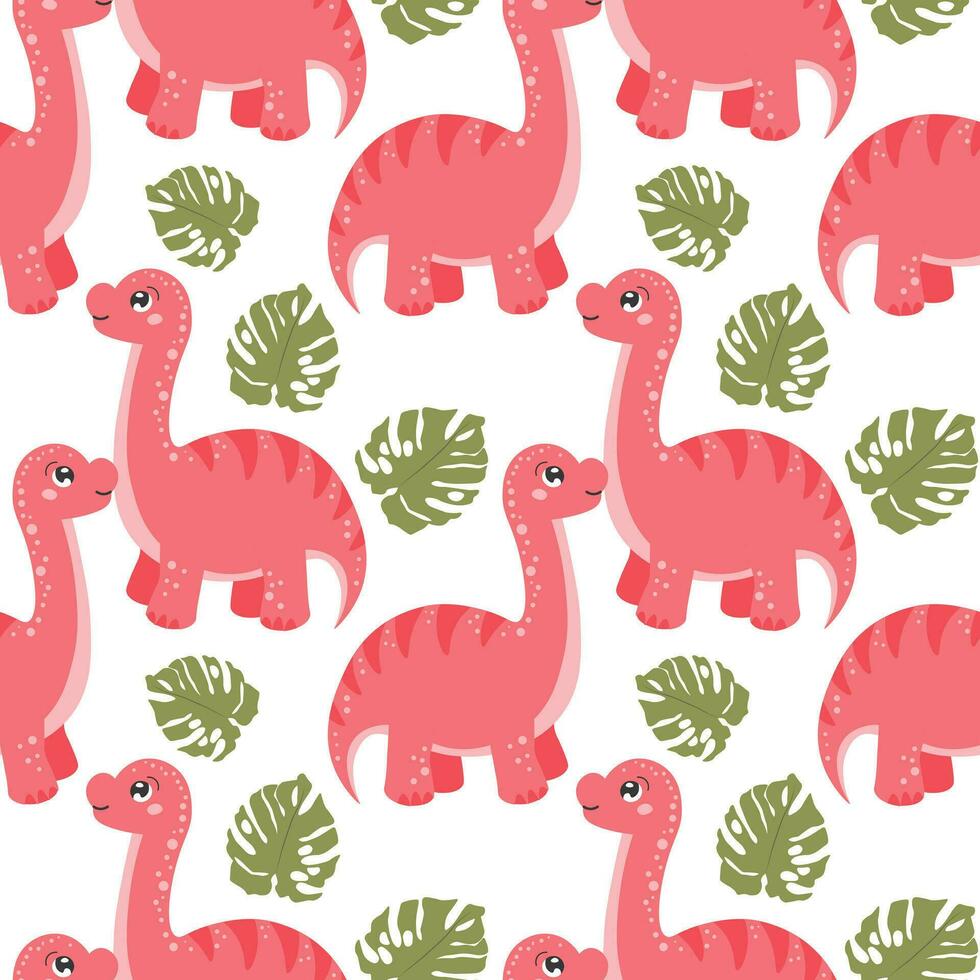 Seamless pattern, cute funny dinosaurs and tropical leaves on a white background. Kids print, textile, wallpaper, vector