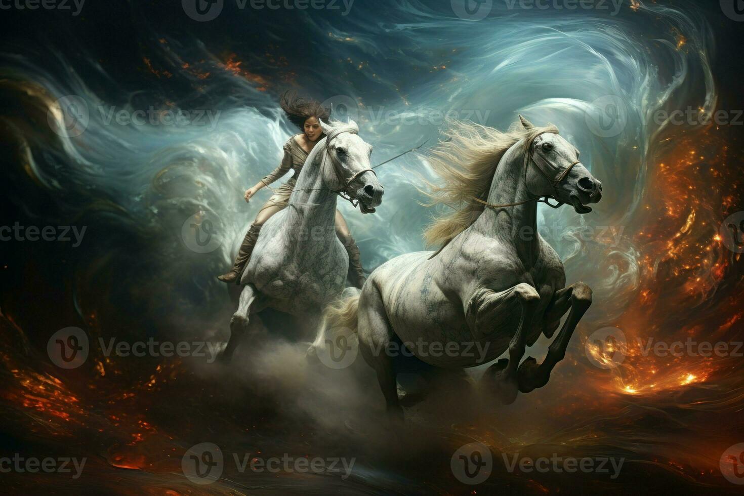 AI generated Whirling cyclone riders, harnessing the power of storms atop their magical steeds - Generative AI photo