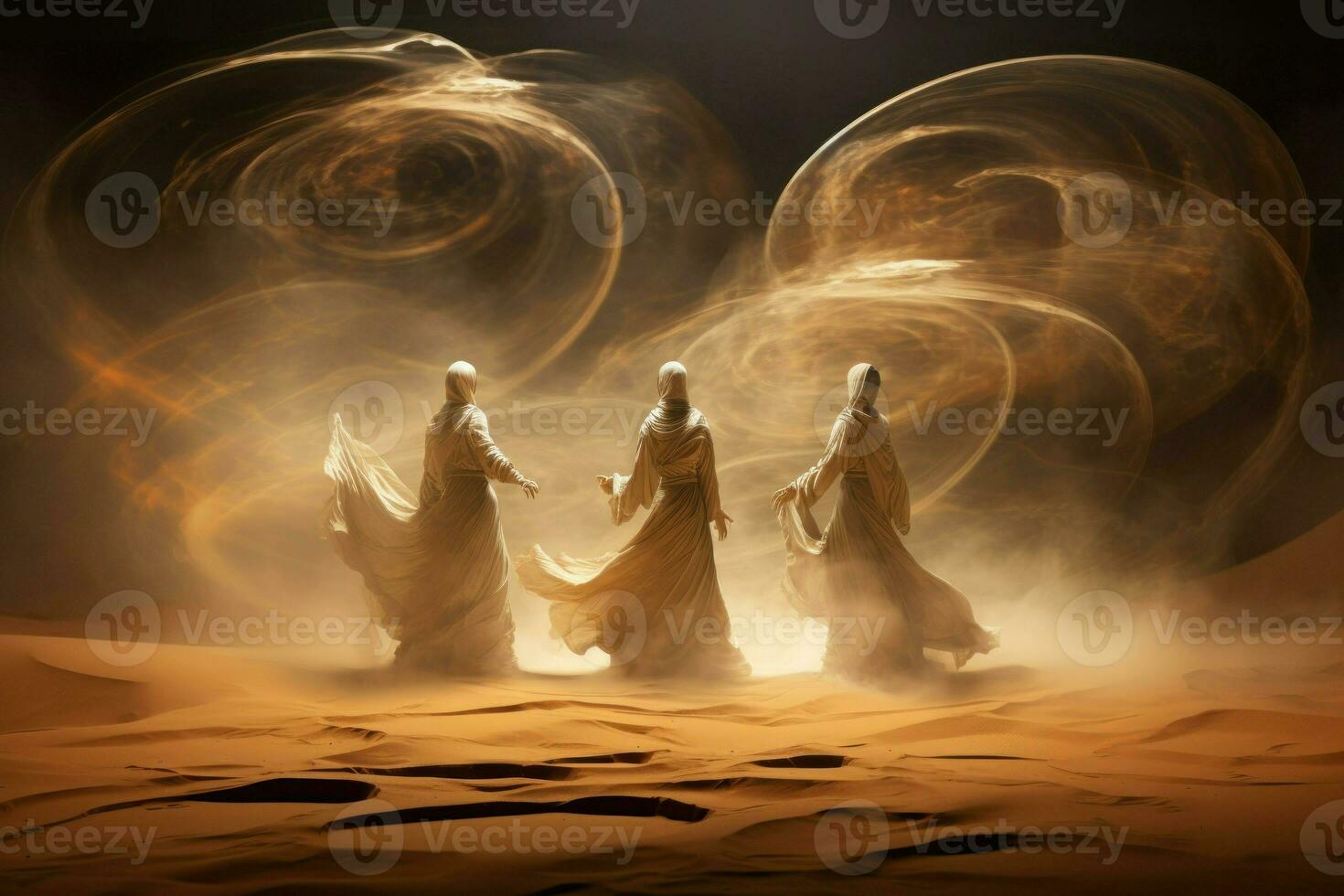 AI generated Whirling sandstorm djinns, granting three wishes to those who find their lamp - Generative AI photo