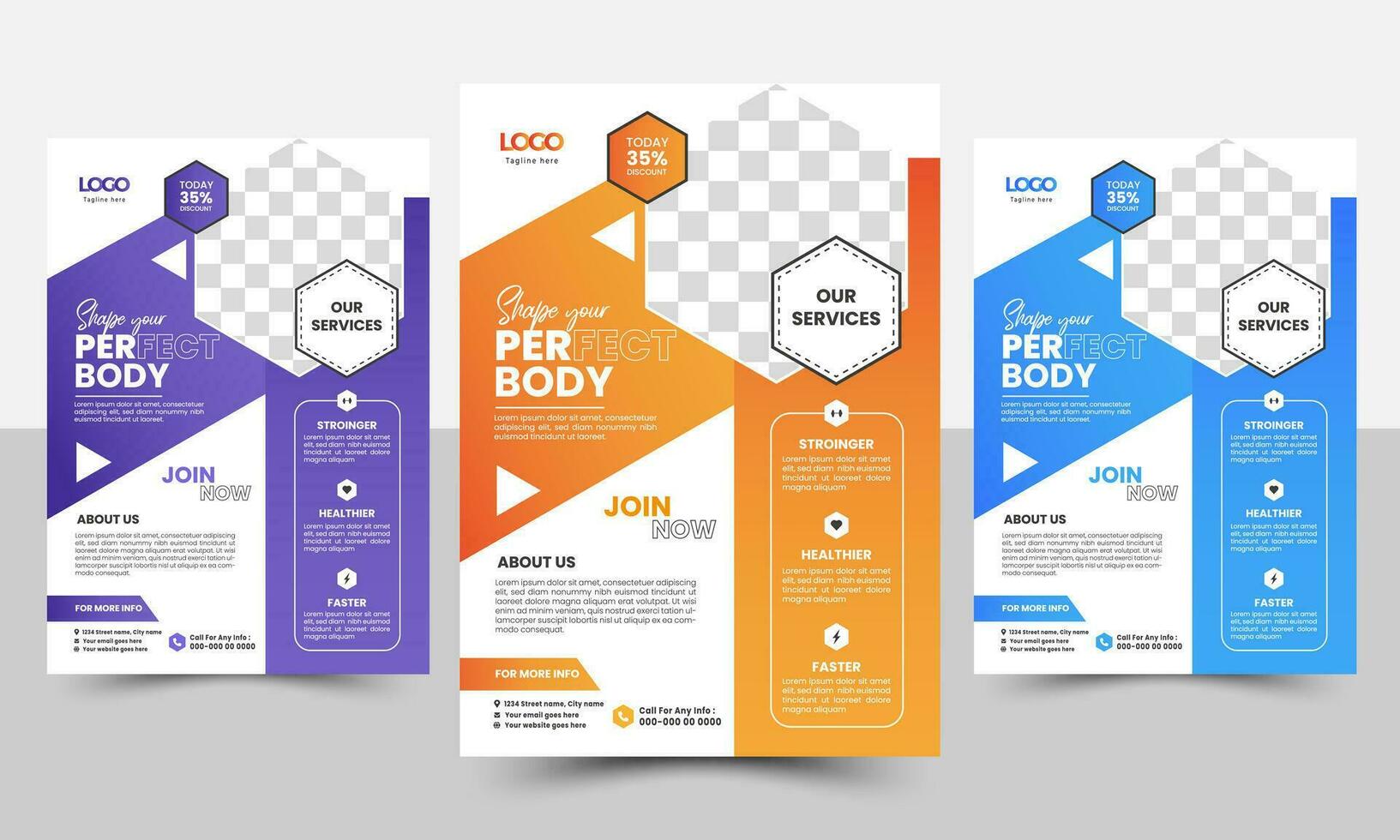 Set of fitness flyers.Gym flyer template. fitness gym business flyer design with unique shape. vector