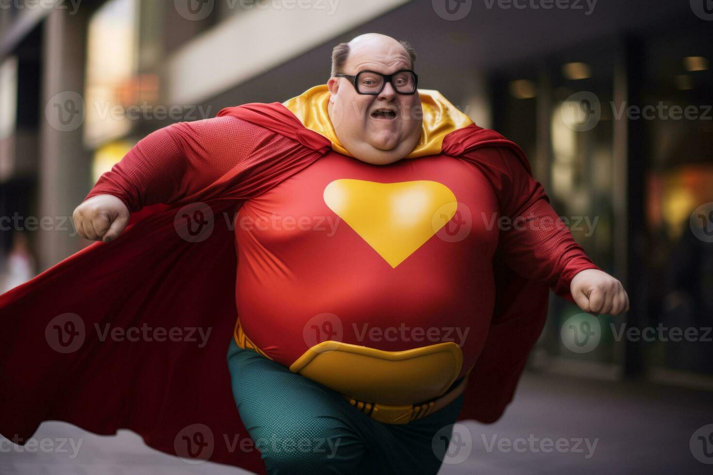 ai generado grasa masculino superhéroe vistiendo disfraz a ciudad calle foto