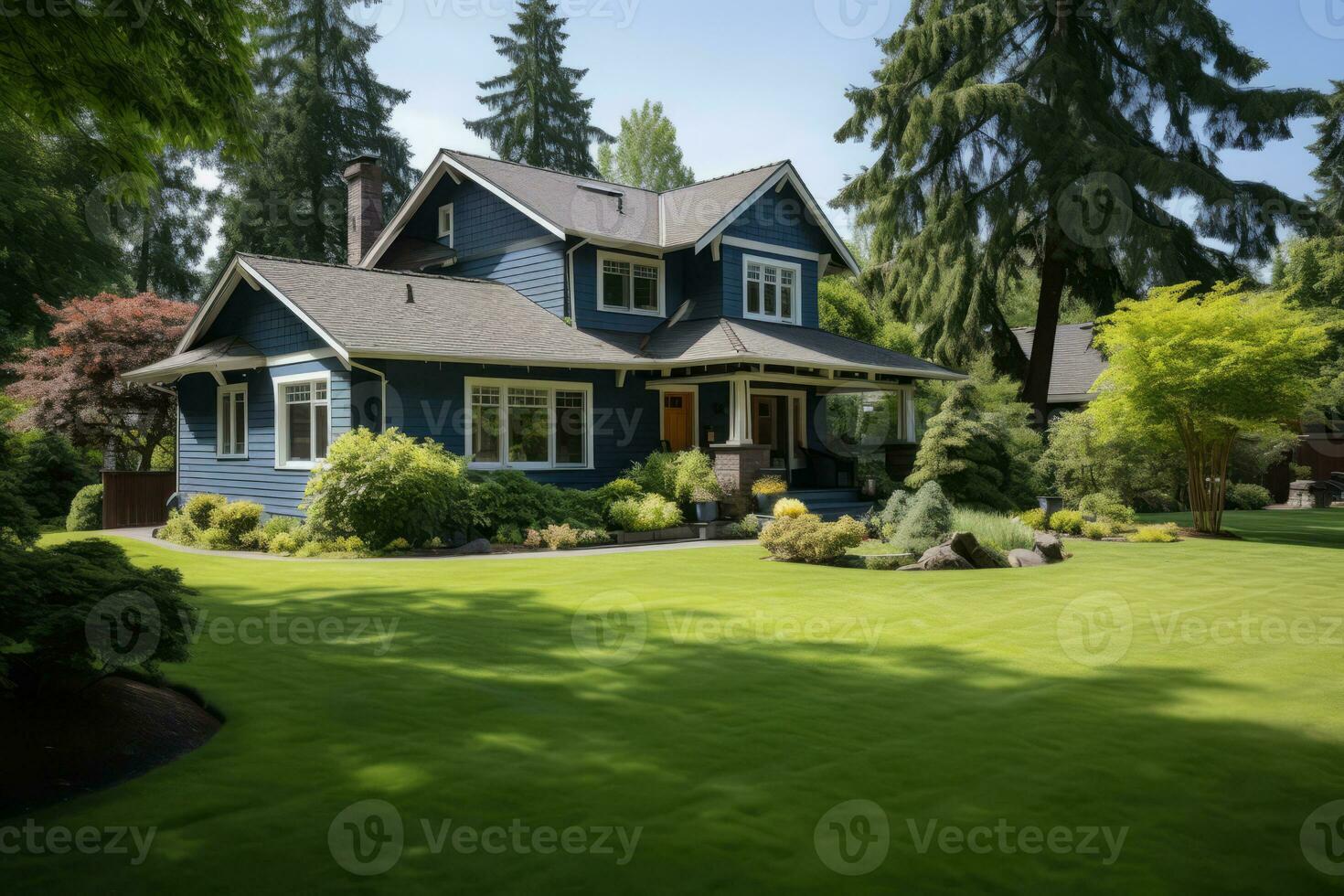 AI generated Luxury house with green lawn and backyard photo