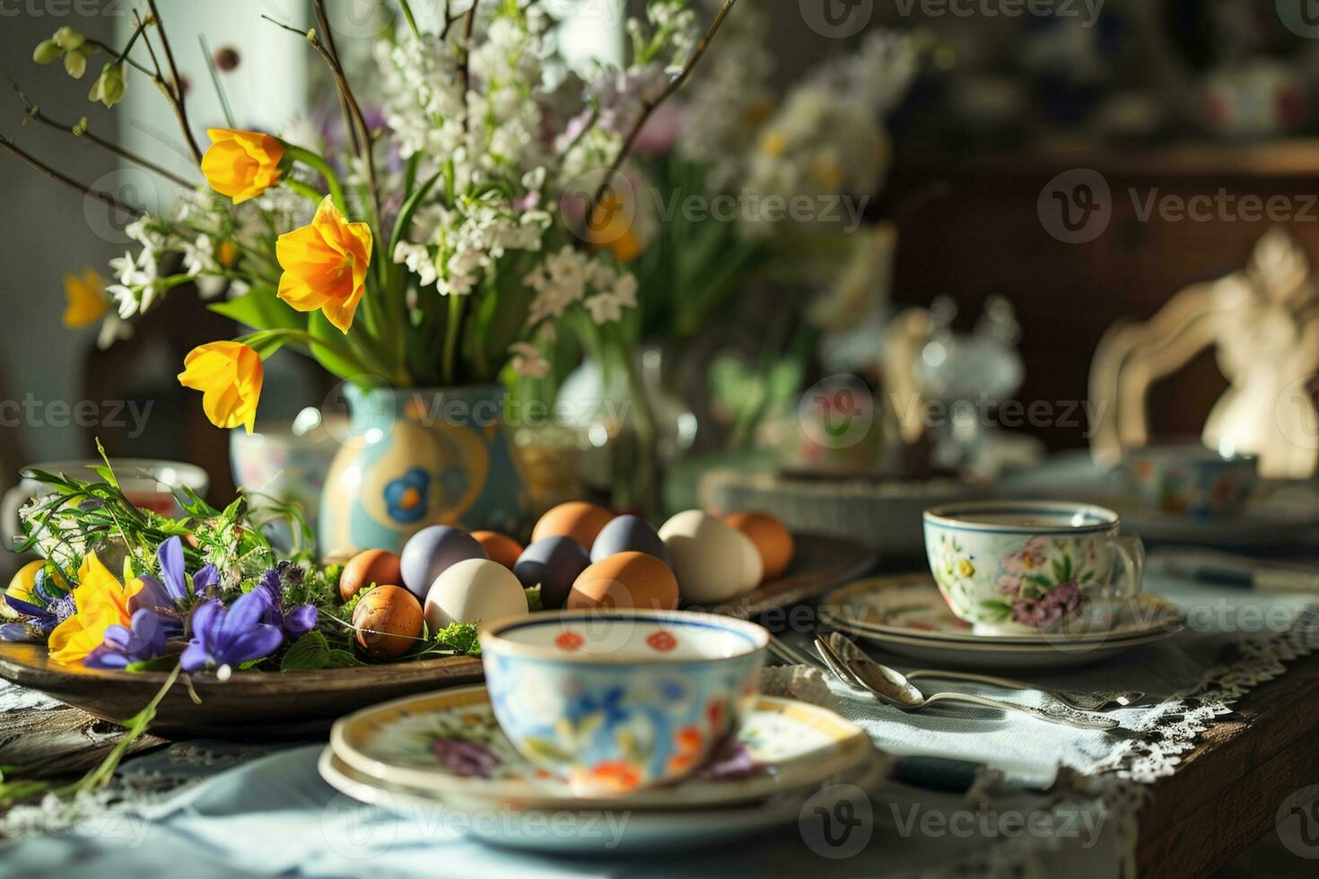 AI generated Table setting for Easter celebration photo