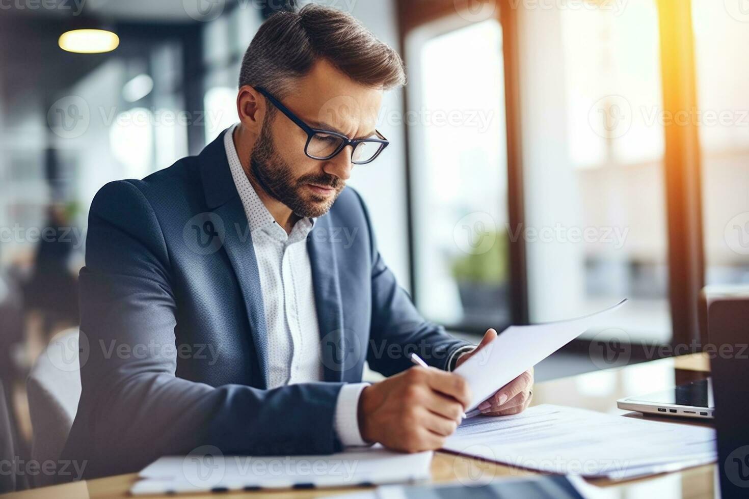 AI generated Man reads paper documents in his office. photo