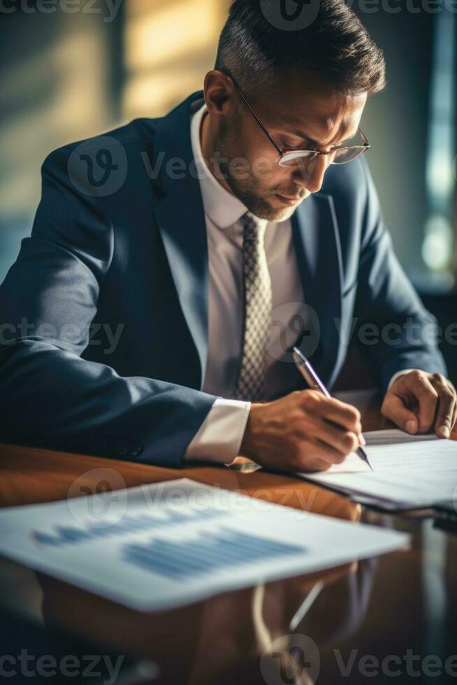 AI generated Man reads paper documents in his office. photo