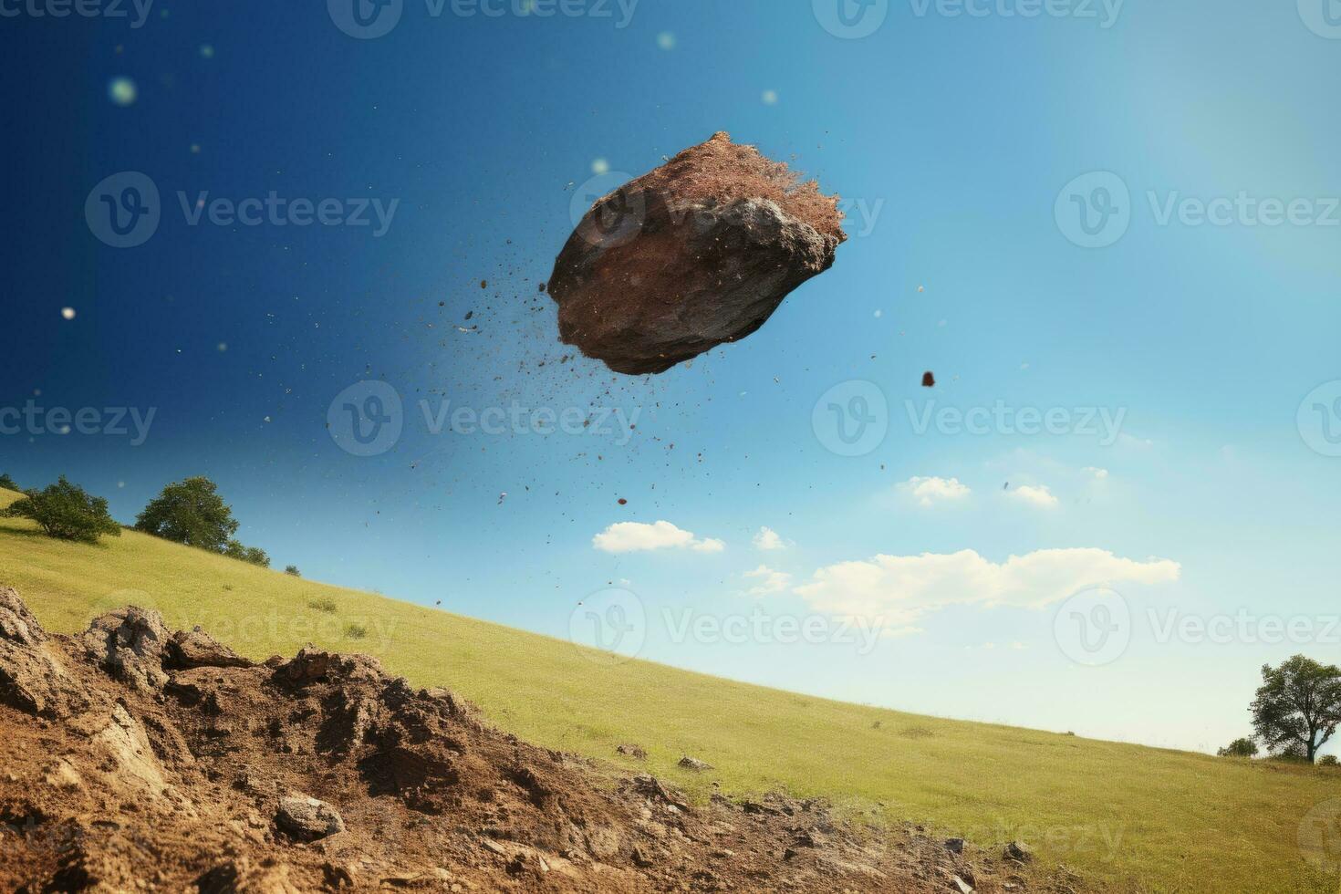 AI generated Falling meteorite over meadow with green grass photo
