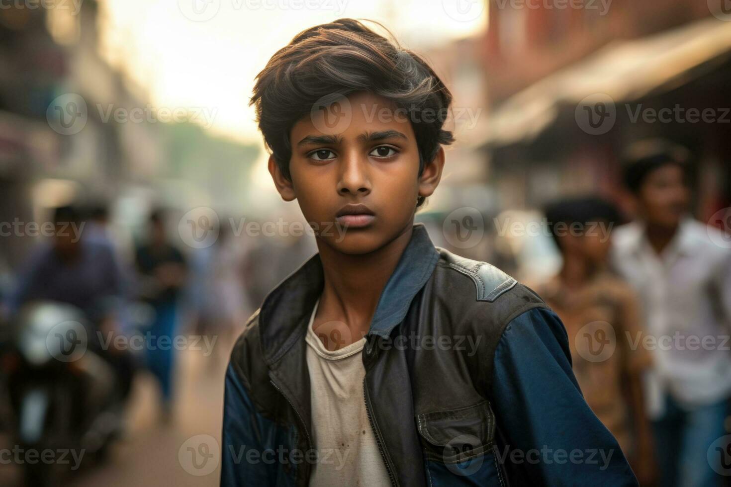 AI generated Portrait of tamil boy at busy indian or pakistan city street photo