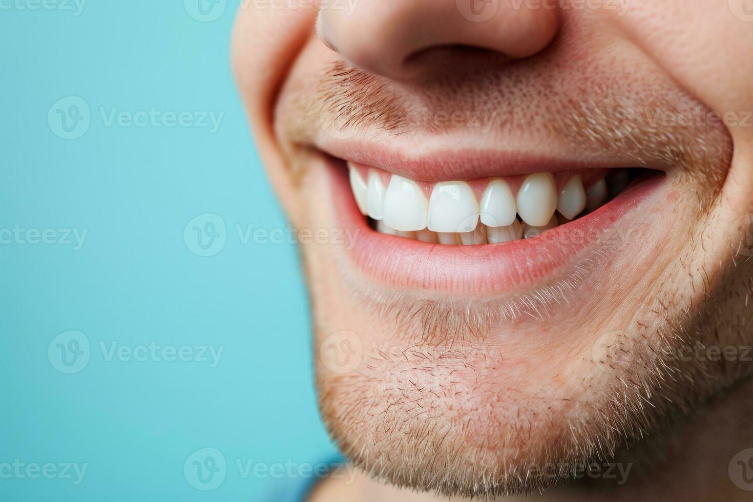 AI generated Man with white teeth smiling against blue background photo