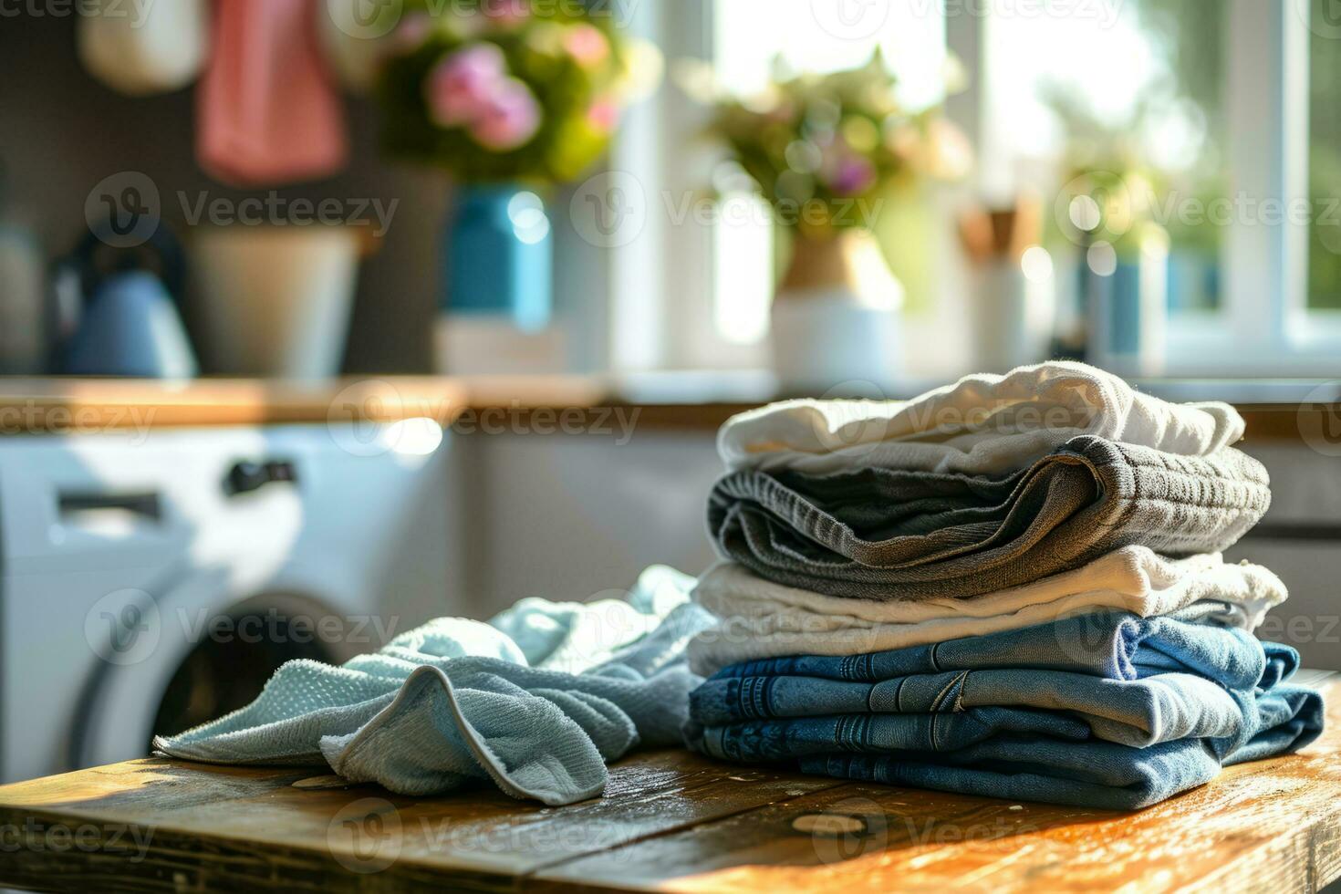 AI generated Washed clothes on board against background with washing machine in home laundry photo