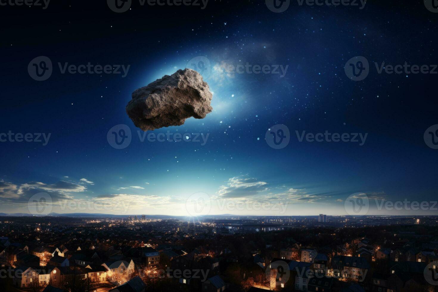 AI generated Falling meteorite over night city photo