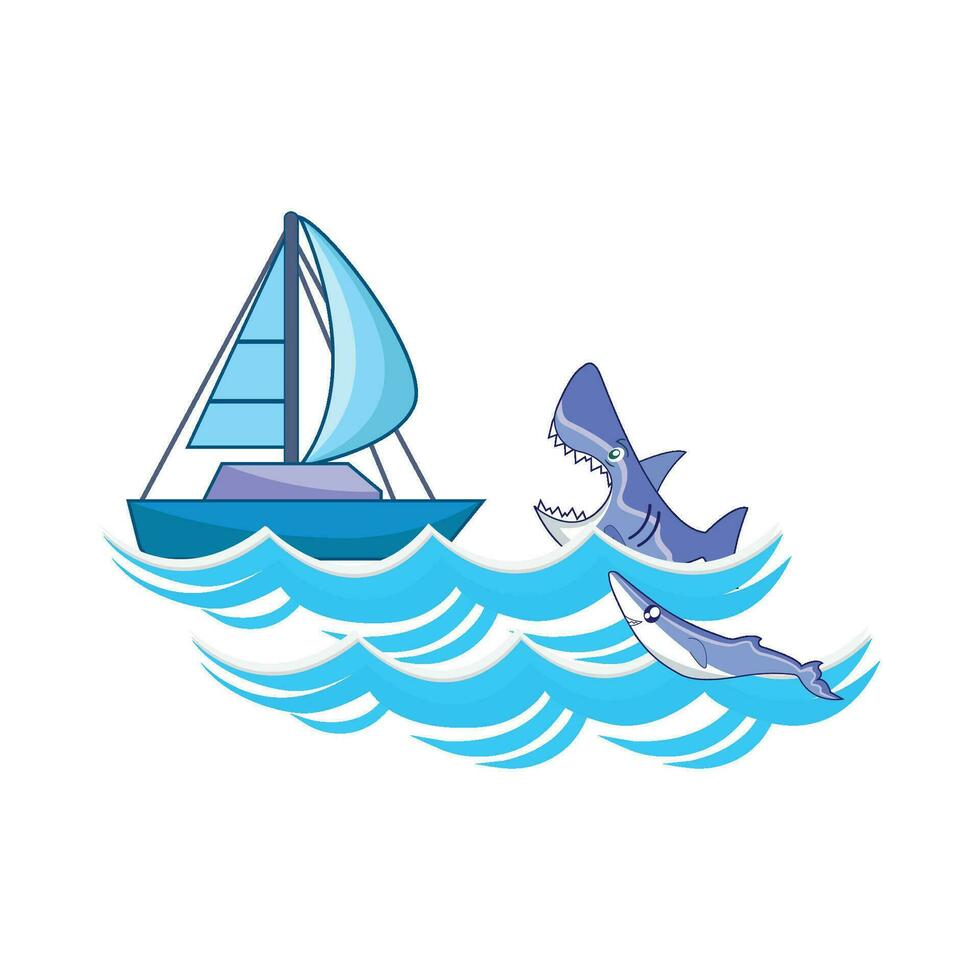 whale with boat in sea illustration vector