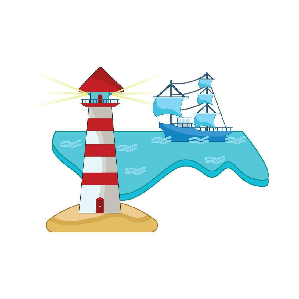 boat in sea with mercusuar in beach illustration vector