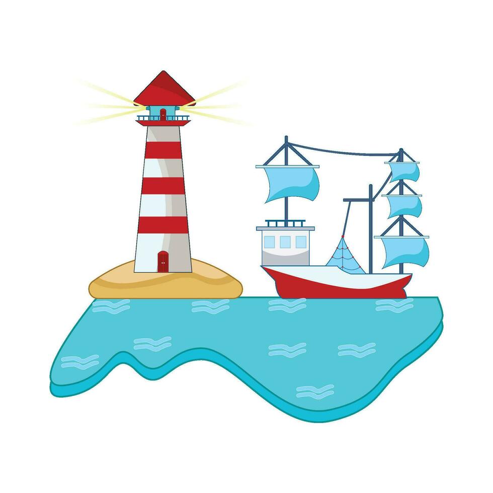 boat in sea with mercusuar in beach illustration vector