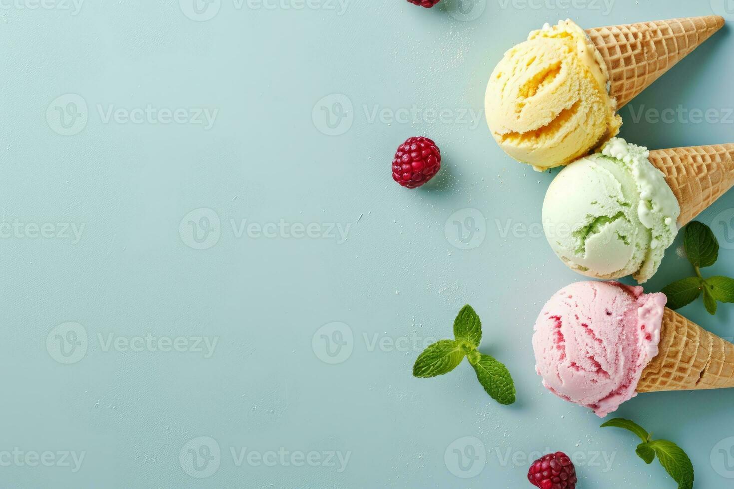 AI generated Vegan ice cream cones on colored background photo