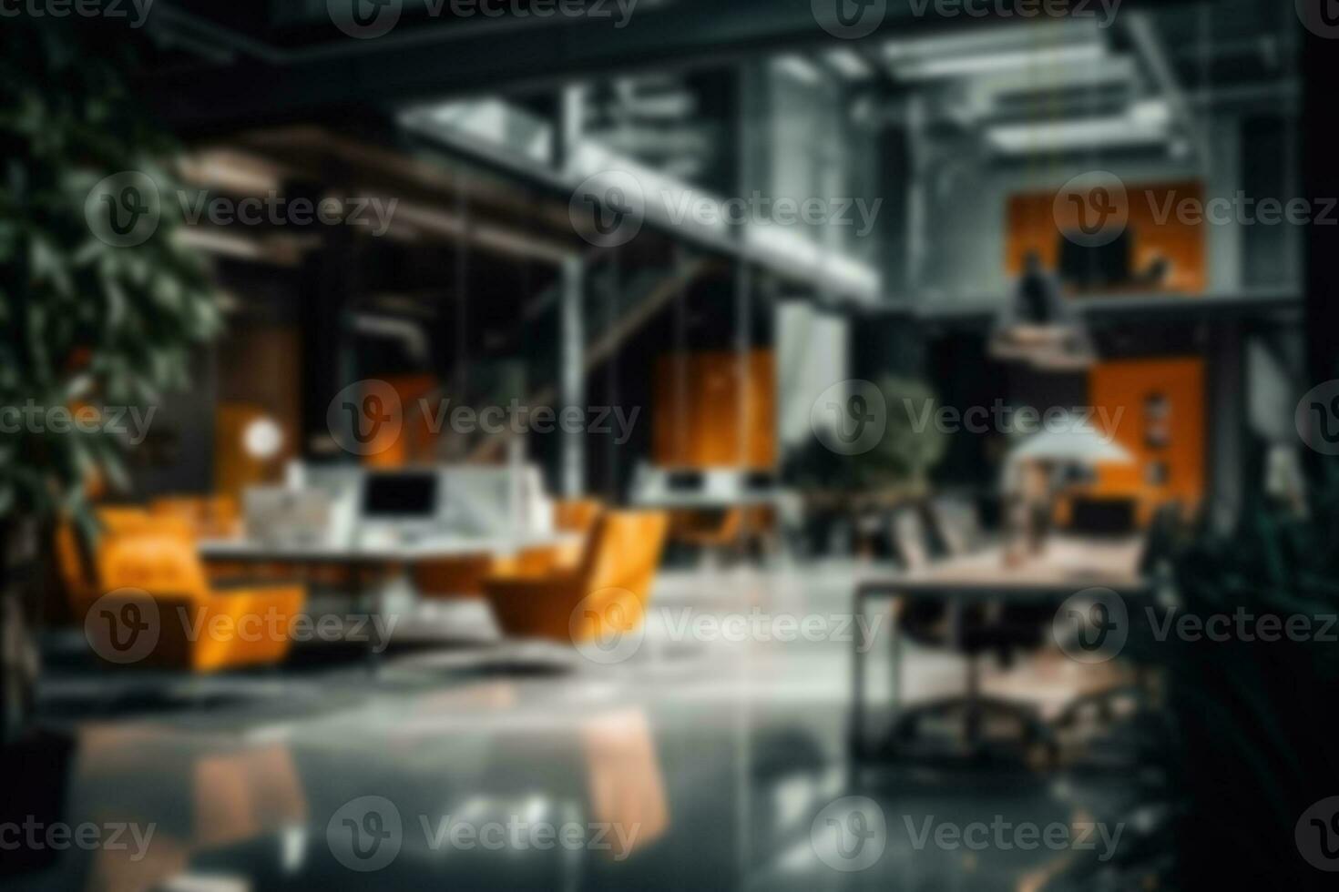 AI generated Defocused image of workplace in modern elegant office photo