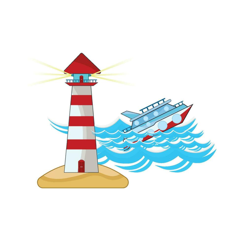 speedboat in sea with mercusuar in beach illustration vector