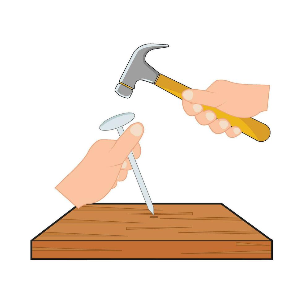 hammer with nail in wooden illustration vector