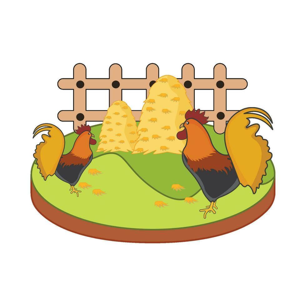 rooster with chicken food in garden illustration vector