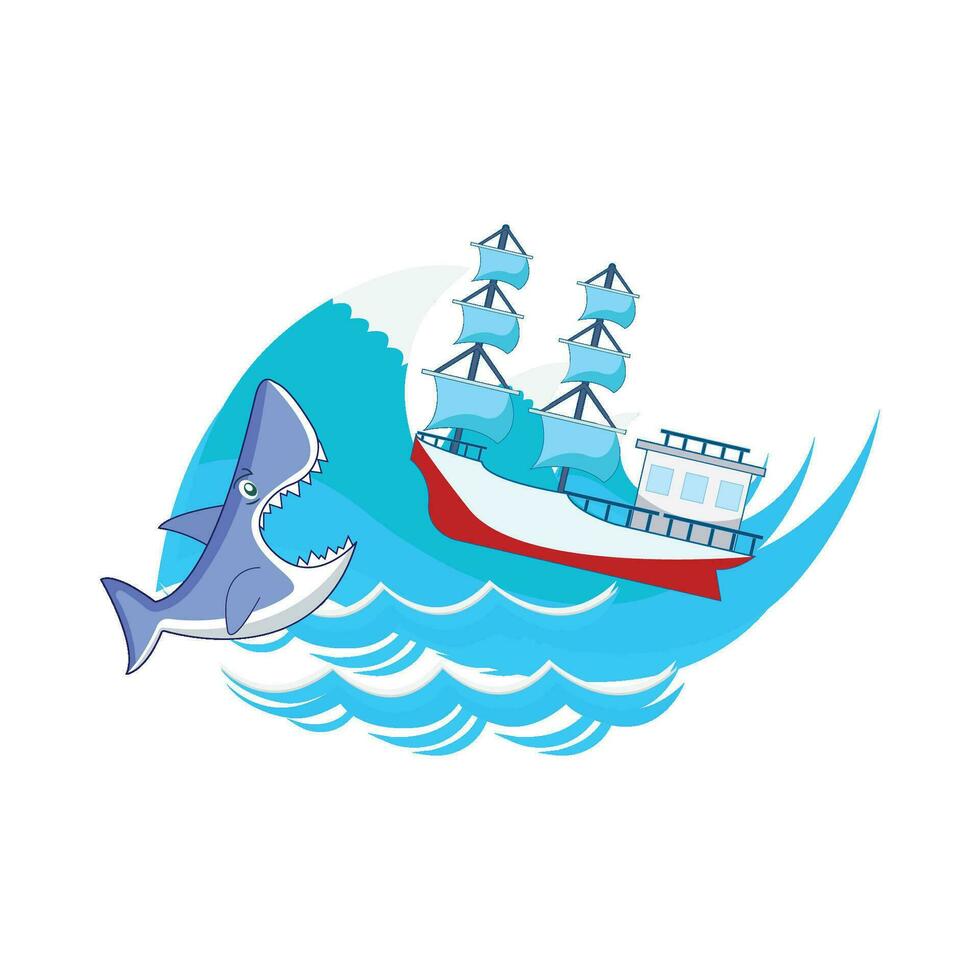 ballena con barco en mar ilustración vector