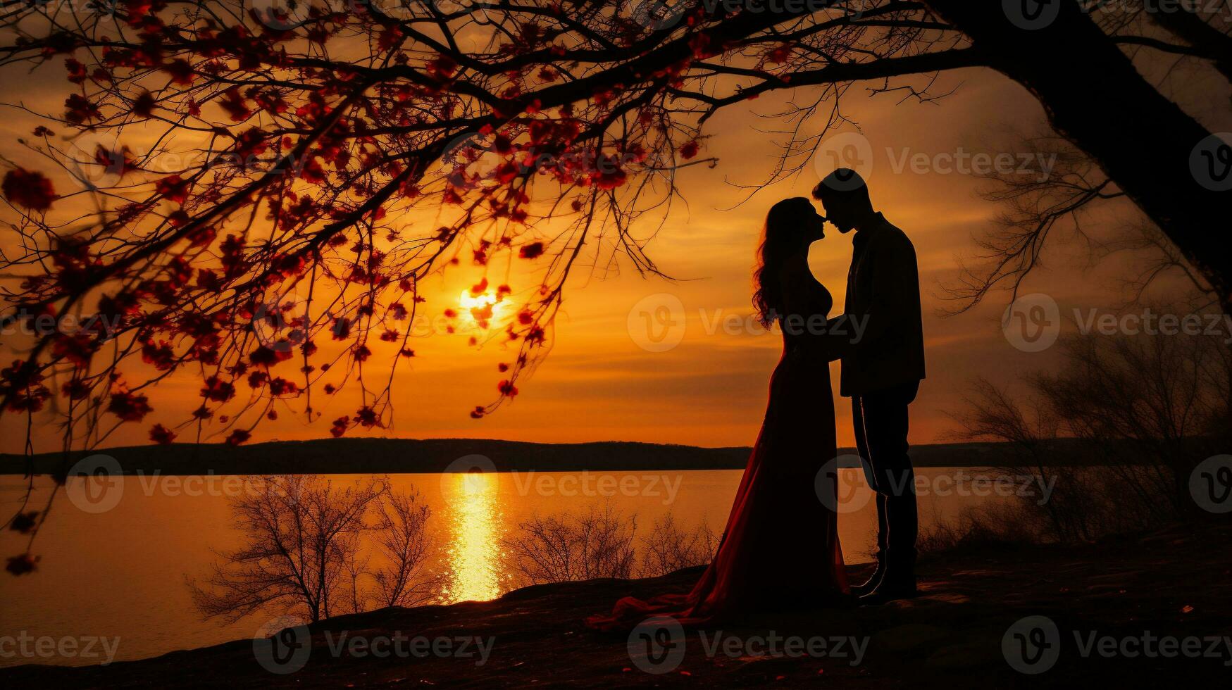 AI generated Silhouette of a young couple in love on the background of a beautiful sunset photo