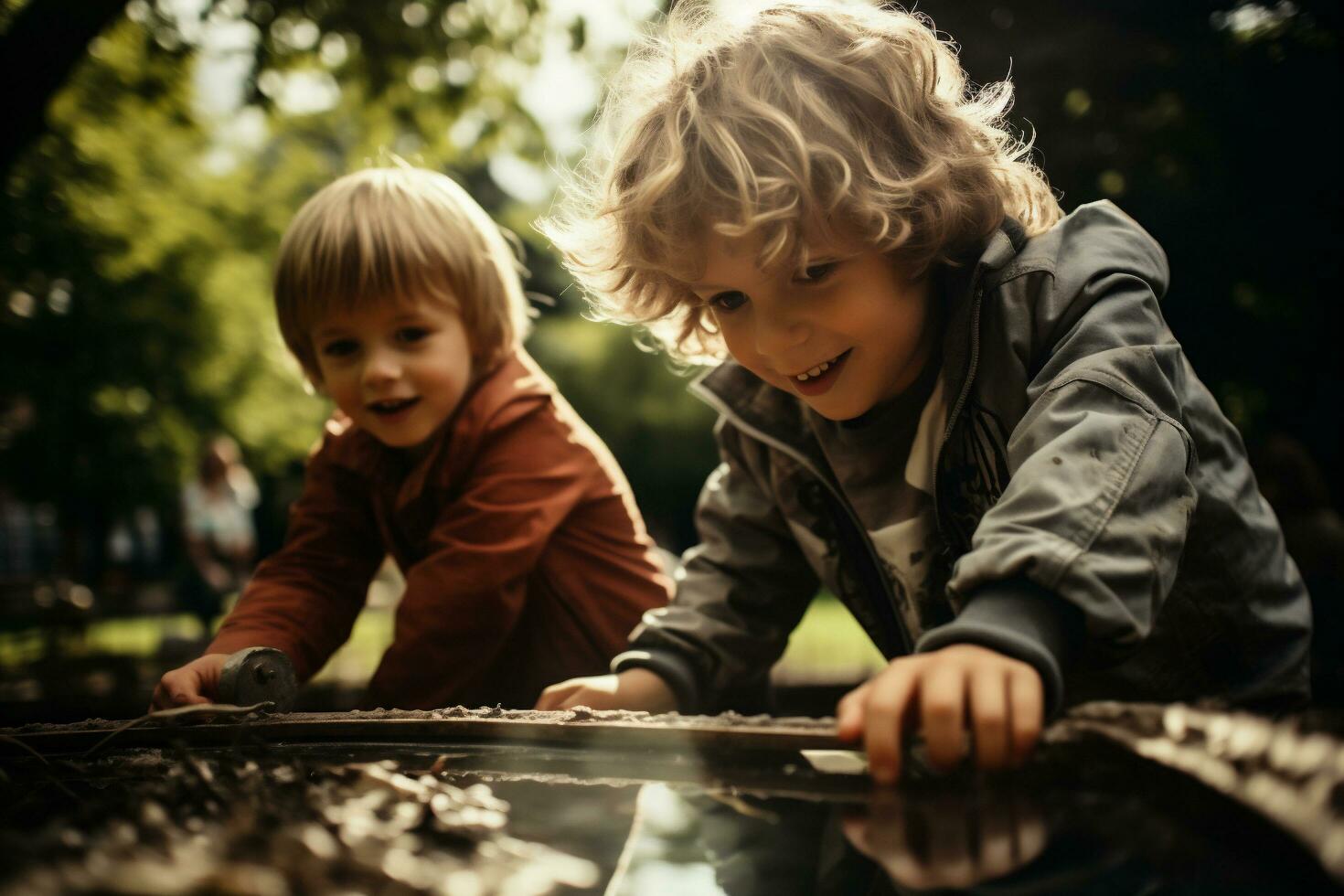 ai generado dos niños, chico hermanos, jugando en el parque en un soleado día foto