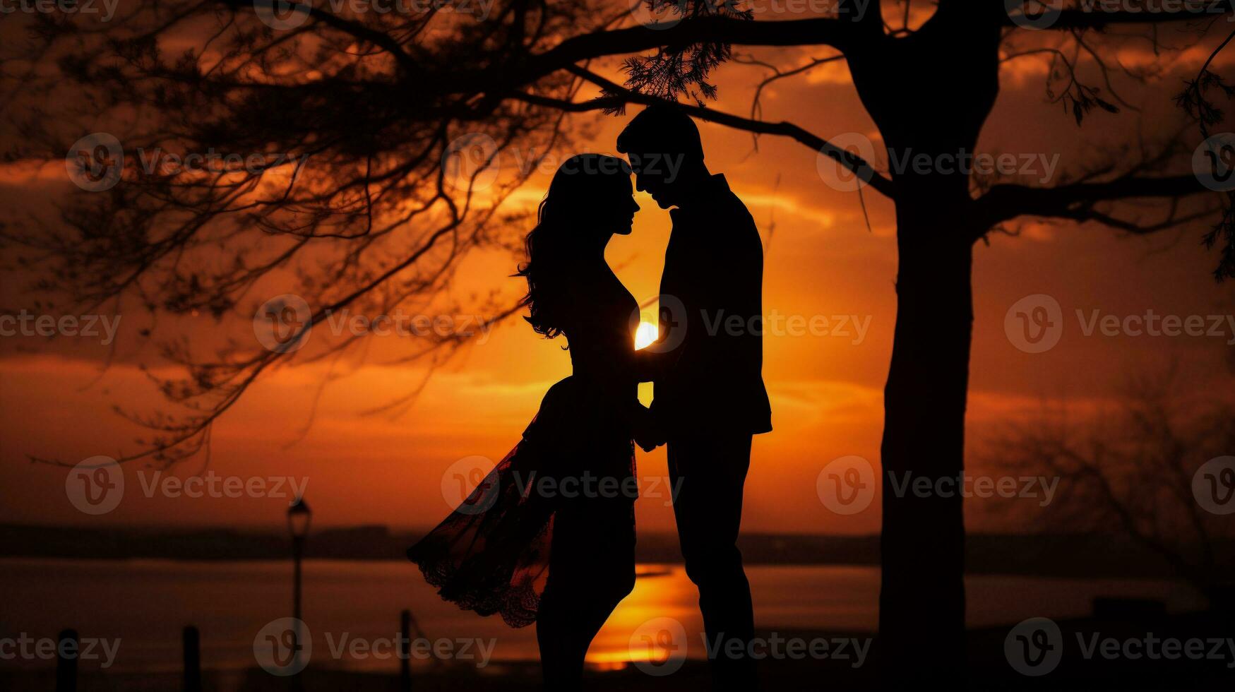 ai generado silueta de un joven Pareja en amor en el antecedentes de un hermosa puesta de sol foto