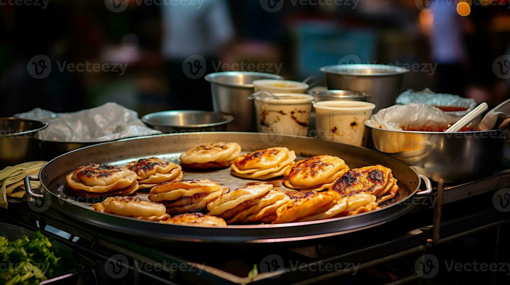 ai generado panqueques en un fritura pan en un calle comida mercado. foto