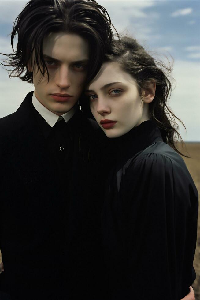 AI generated Portrait of a beautiful young couple in black clothes, outdoor. photo