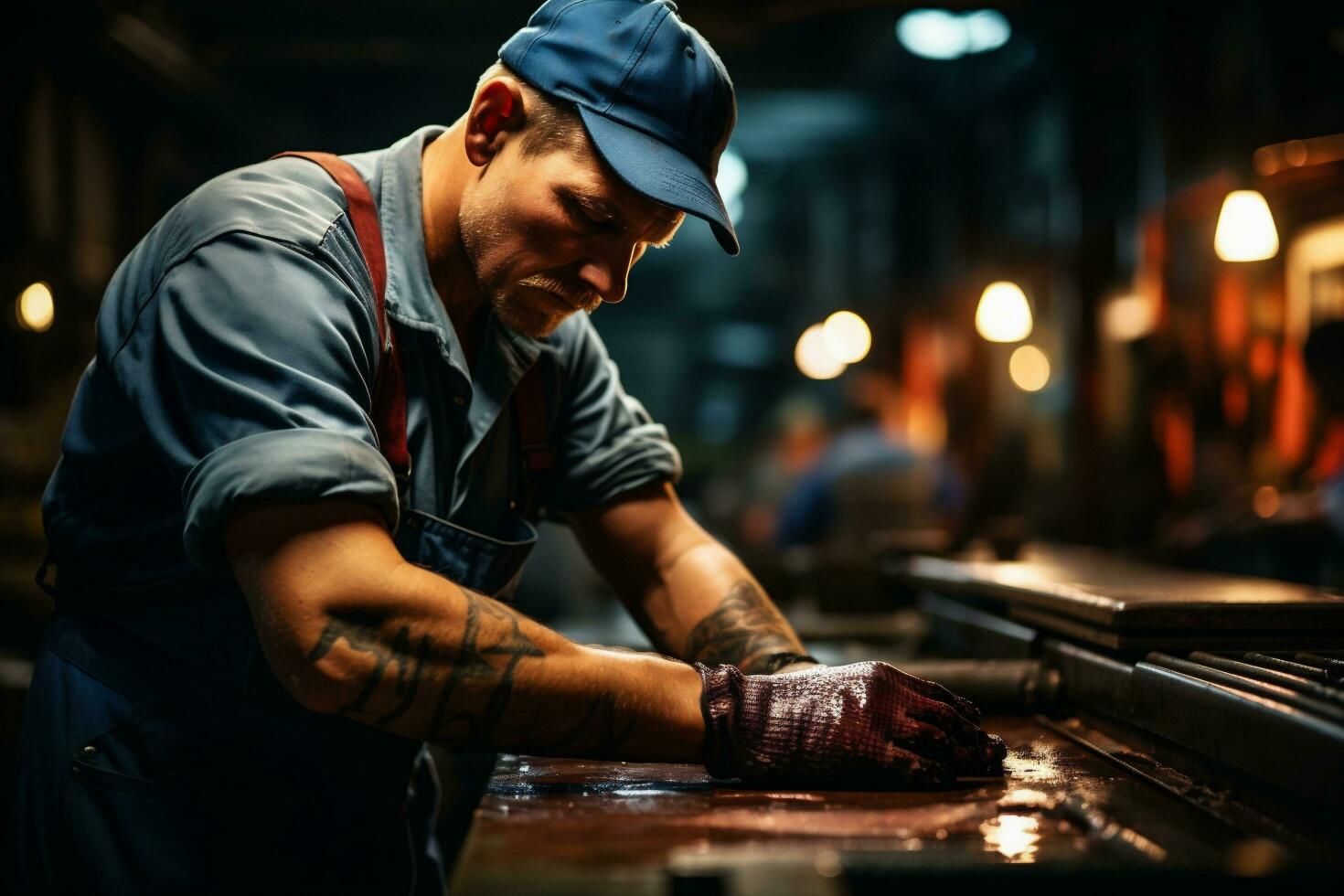 AI generated Portrait of a tattooed worker at a metalworking factory. photo