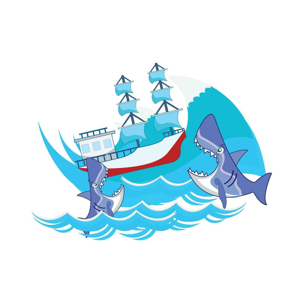 whale with boat in sea illustration vector