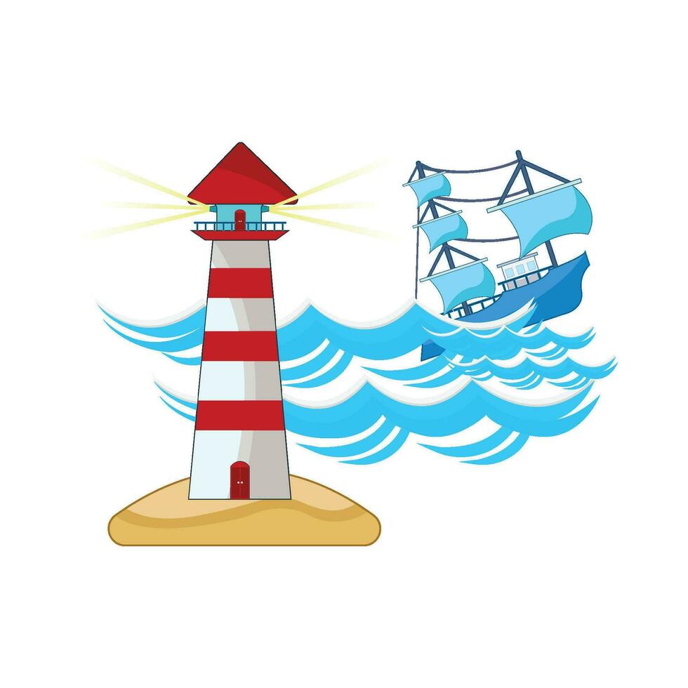 boat in sea with mercusuar in beach illustration vector