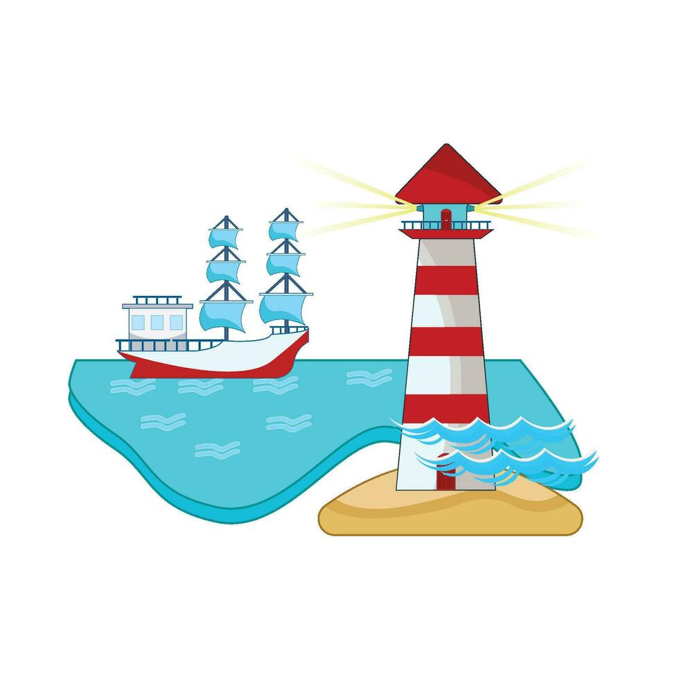 boat in sea with mercusuar in beach illustration vector