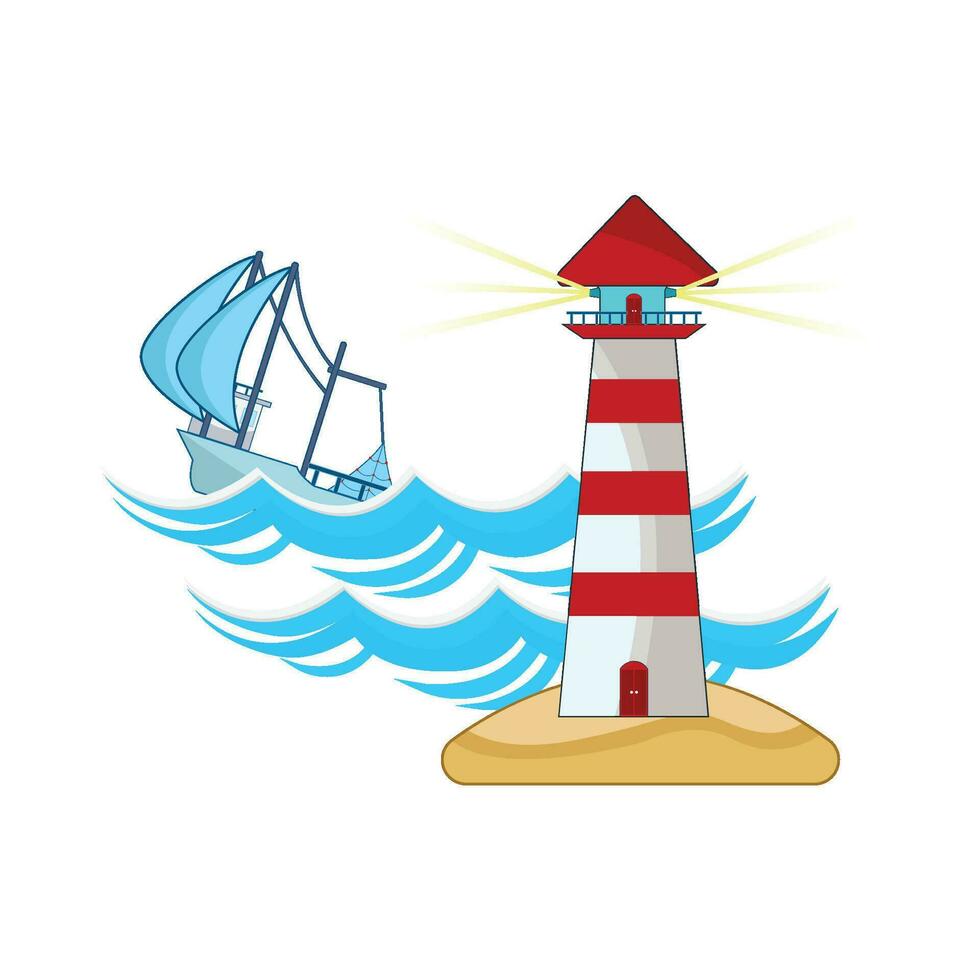 boat in sea with mercusuar in beach illustration vector