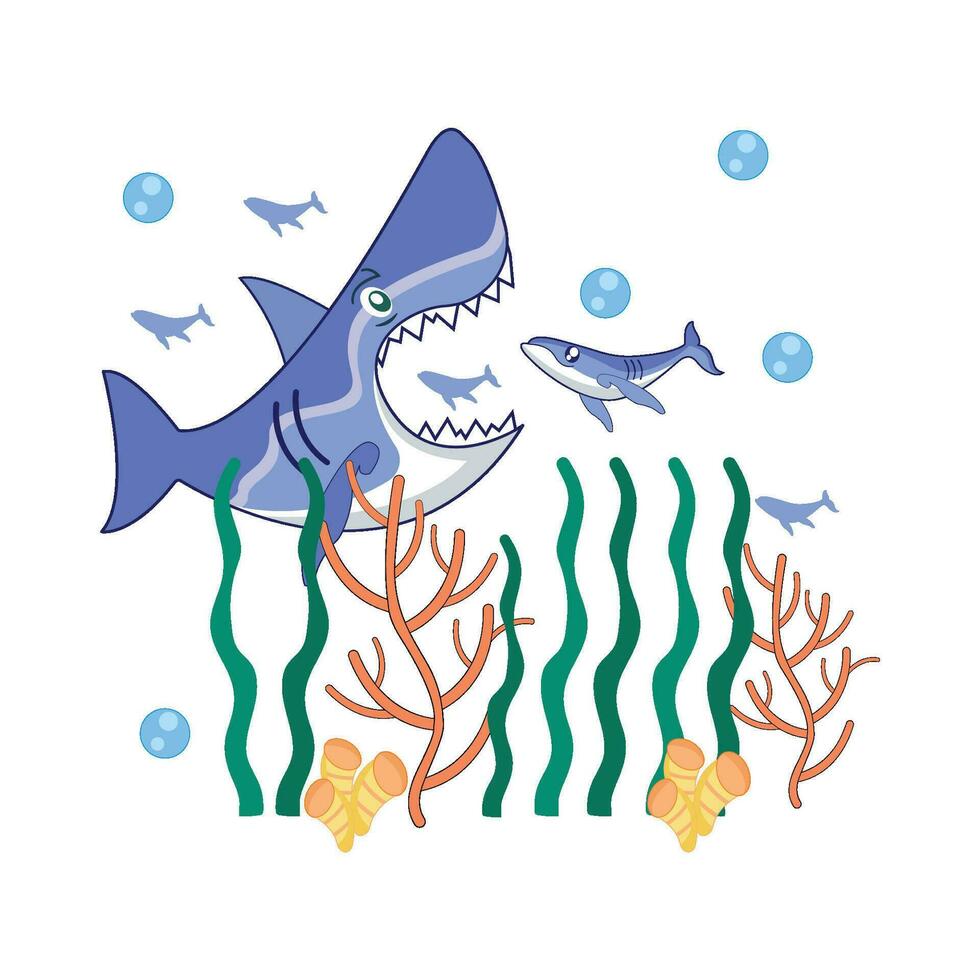ballena en submarino con algas marinas ilustración vector