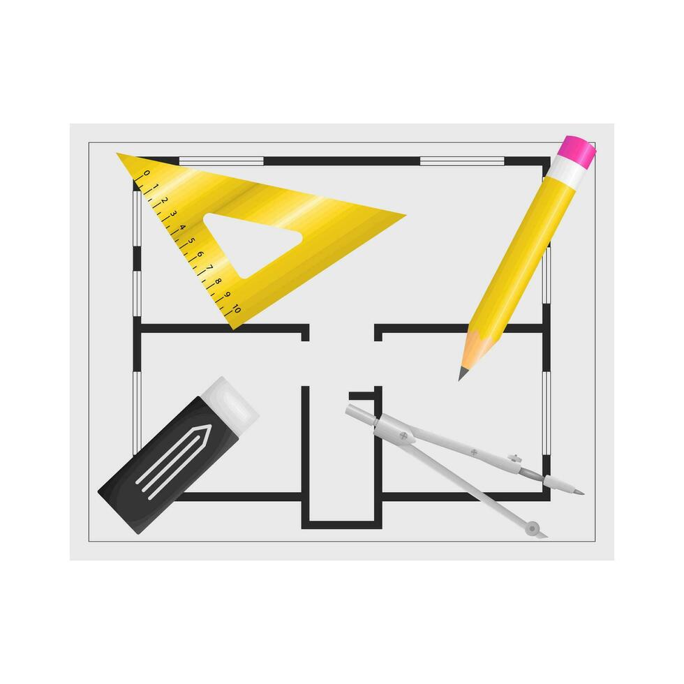 ruler, pencil, period with eraser in paper illustartion vector