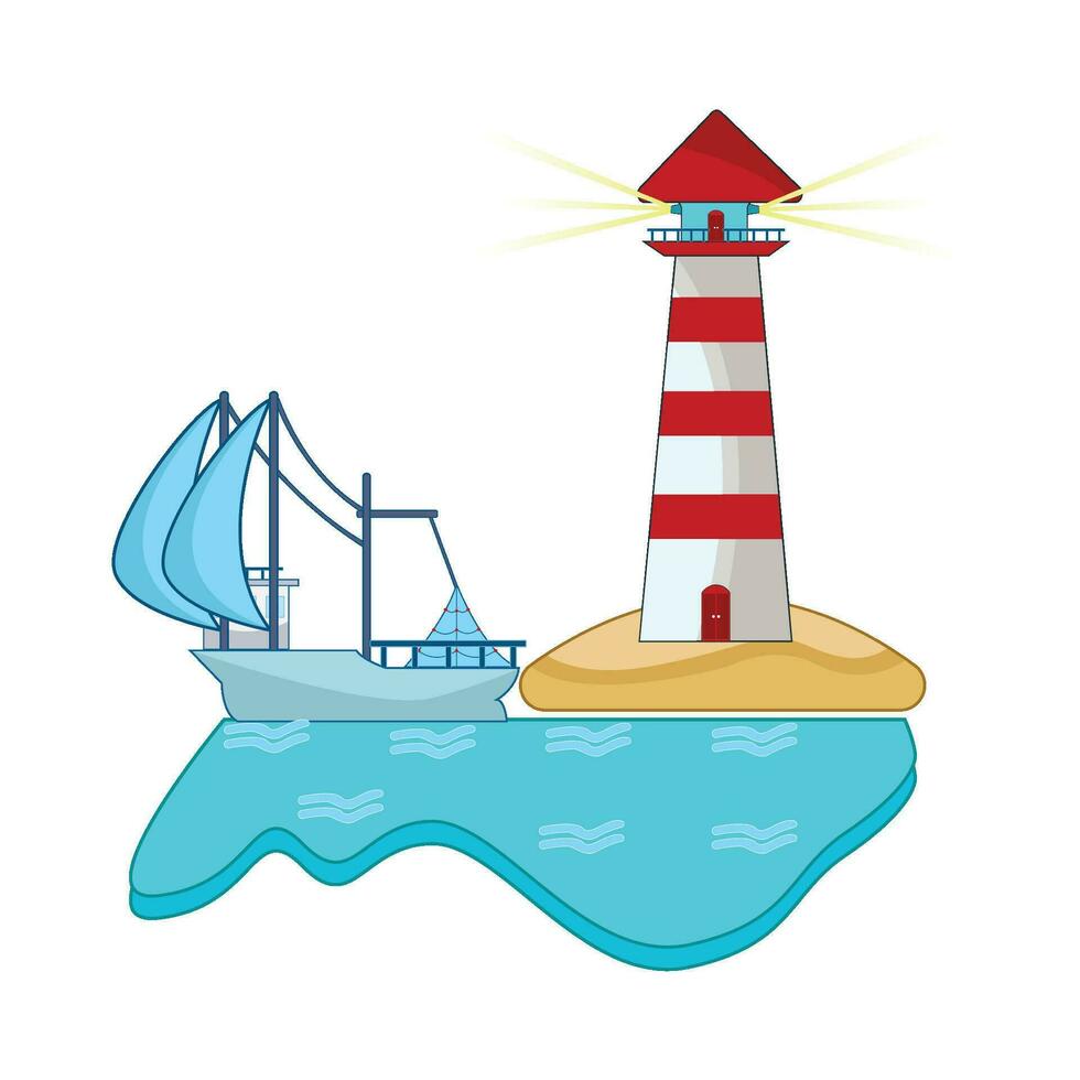 boat in sea with mercusuar in beach illustration vector