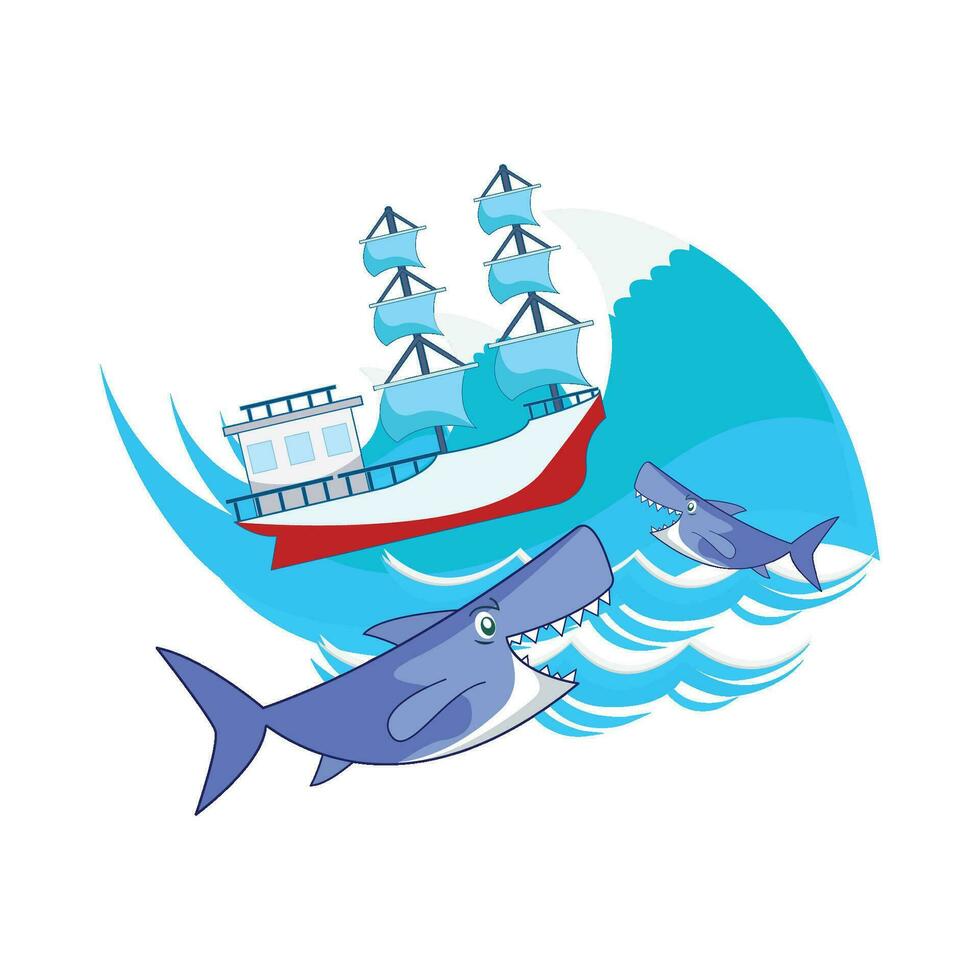 whale with boat in sea illustration vector