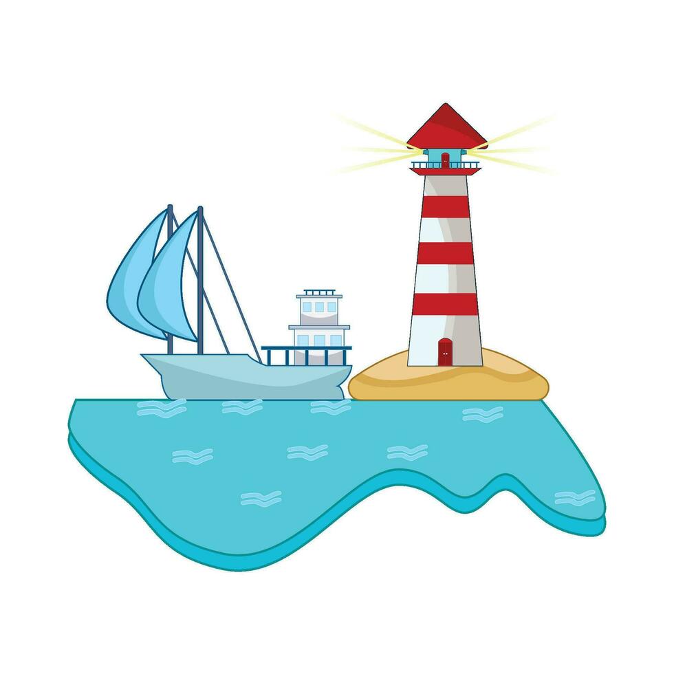 boat in sea with mercusuar in beach illustration vector