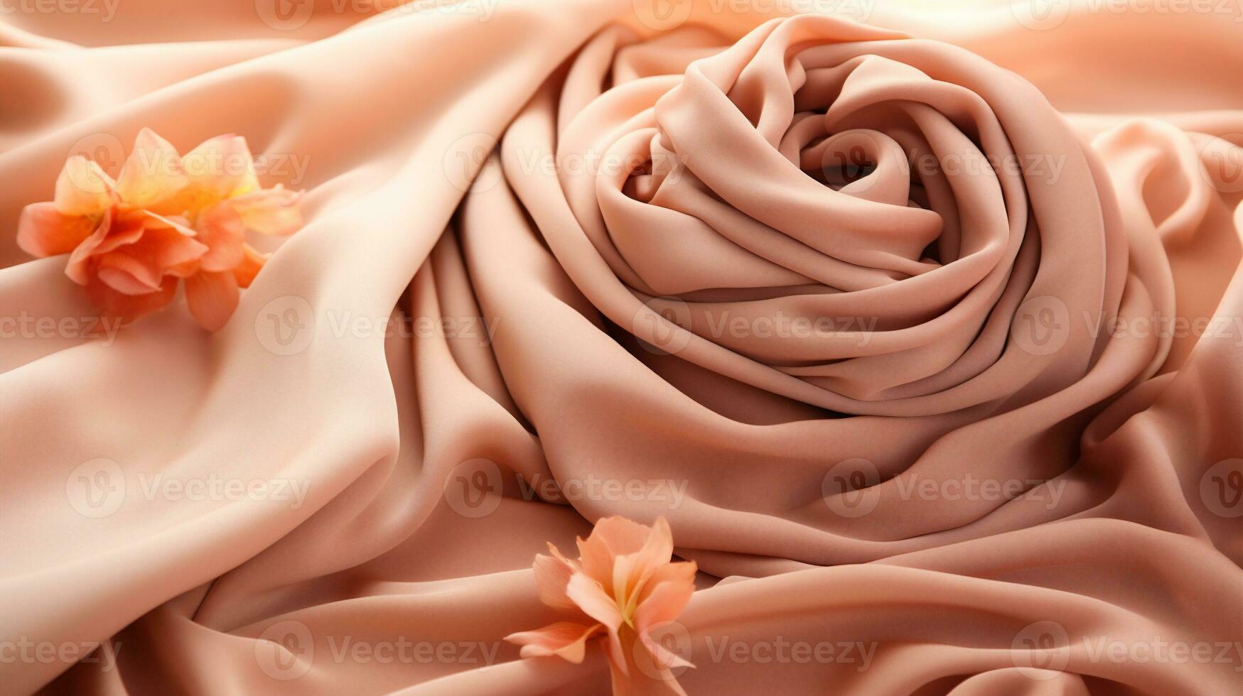 AI generated close up of  a pink satin fabric texture background with flowers photo